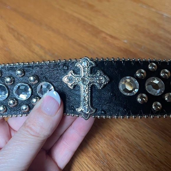 BHW Rhinestone Studded Western Black Leather Belt Size Small main image 4